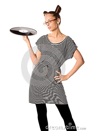 Woman with vinyl plate Stock Photo