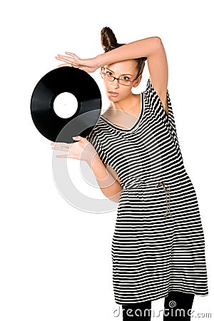 Woman with vinyl plate Stock Photo
