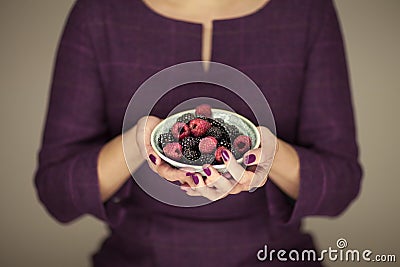 Woman in violett 50`s dress hands holding some raspberries and blackberries Stock Photo