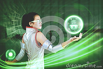 Woman with virtual button and earth graphic Stock Photo