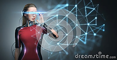 Woman in virtual reality glasses and microchip Stock Photo