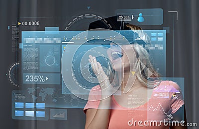 Woman in virtual reality headset or 3d glasses Stock Photo