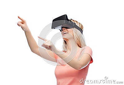 Woman in virtual reality headset or 3d glasses Stock Photo