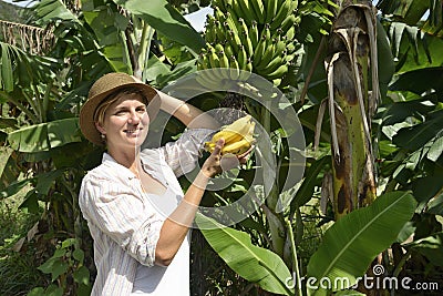 Woman visiting banana plantation Stock Photo