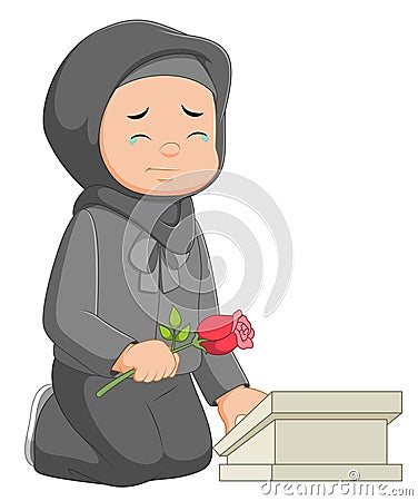 Woman visiting her parents grave Vector Illustration