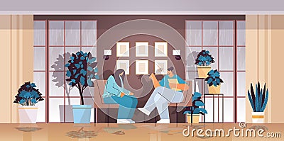 woman visiting psychologist female psychotherapist consulting patient during psychotherapy session mental health Vector Illustration