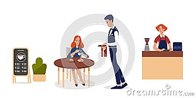 A woman Visits a Cafe, Making an Order to a waiter in a street cafe. Flat vector illustration isolated on white Vector Illustration