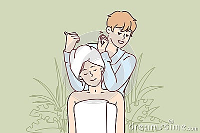 Woman visits massage therapist in SPA salon and sits in towel enjoying relaxing treatments Vector Illustration