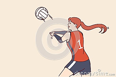 Woman volleyball player tosses ball to score goal for opposing team during tournament or training Vector Illustration