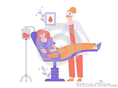 Woman volunteer blood donor. Vector Illustration