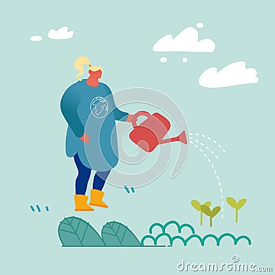 Woman Volunteer Care of Green Plants Watering from Can on Nature Background. Gardening Hobby, Global Warming Vector Illustration