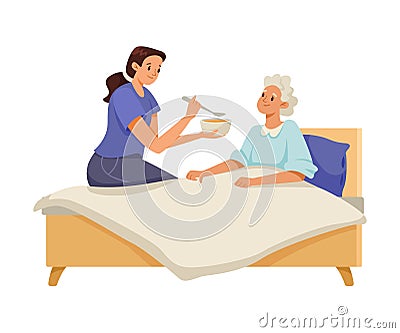 Woman Volunteer Caring of Elderly Lady on Retirement Feeding Her with Spoon Vector Illustration Vector Illustration