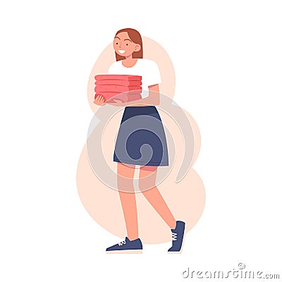 Woman Volunteer Character Carrying Folded Blanket Giving Humanitarian Aid and Help to Poor Vector Illustration Vector Illustration
