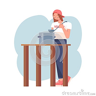 Woman Volunteer Character Serve Meal Giving Humanitarian Aid and Help to Poor Vector Illustration Vector Illustration