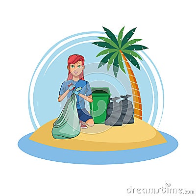 Woman volunteer cleaning beach Vector Illustration