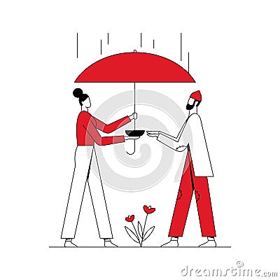 Woman volunteer giving food to homeless person and covering from the rain. Charity concept. Line with stroke. Vector flat Cartoon Illustration