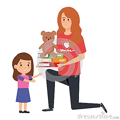 Woman volunteer giving a girl books and bear teddy Vector Illustration