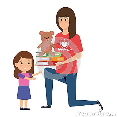 Woman volunteer giving a girl books and bear teddy Vector Illustration