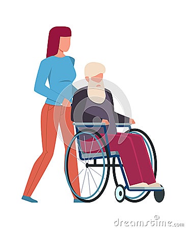 Woman volunteer help old man. Young girl caring for elderly human, social supporting aged people, walking with Vector Illustration