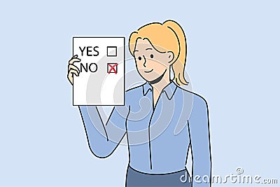 Woman voter demonstrates ballot for presidential elections or referendum with chosen answer no Vector Illustration