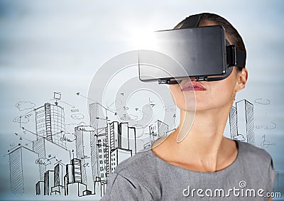 Woman in VR with flare against buildings sketch and grey wood panel Stock Photo