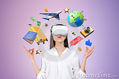 Woman in vr glasses, lotus position looking up, virtual tour and Stock Photo