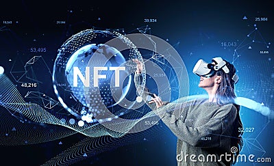 Woman in vr glasses, NFT icons with earth, digital hologram with Stock Photo