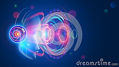 VR. AR. Virtual reality. Augmented reality. Woman in VR headset looking at holographic abstract interface Vector Illustration