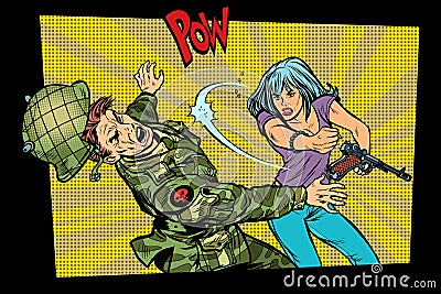 Woman vs man. Civil beats invader military soldier Vector Illustration