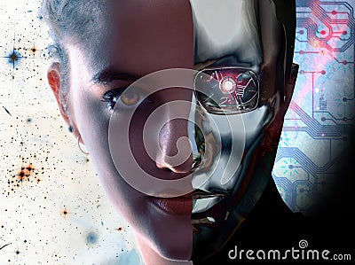 Woman vs robot Stock Photo