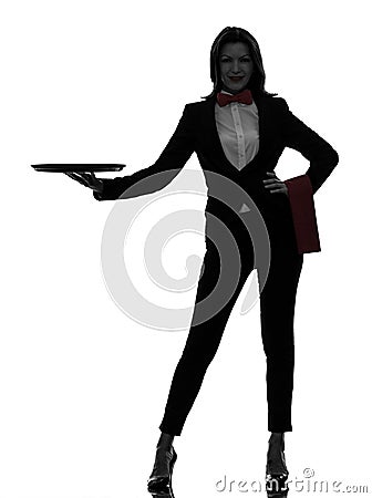 Woman waiter butler holding empty tray silhouette Stock Photo