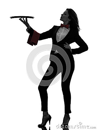 Woman waiter butler holding empty tray silhouette Stock Photo