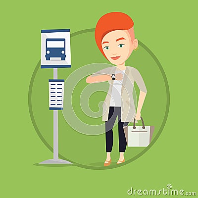 Woman waiting at the bus stop vector illustration. Vector Illustration