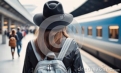 Woman waiting at a busy train station Stock Photo