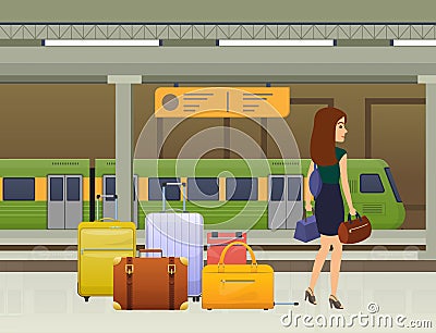 Woman waiting for public transport. Train, subway tram, railway station. Vector Illustration