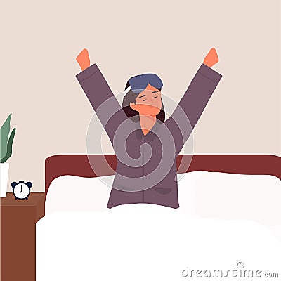 Woman wake up in the morning using blindfold background flat vector cartoon character illustration Vector Illustration