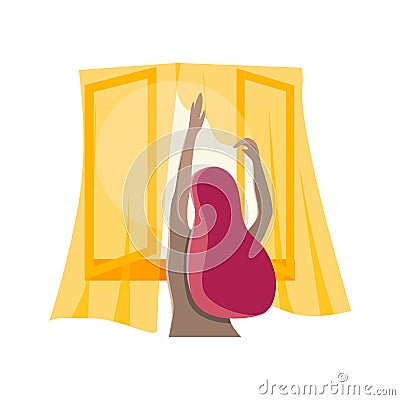 Woman, wake up and open the curtains in the morning Vector Illustration