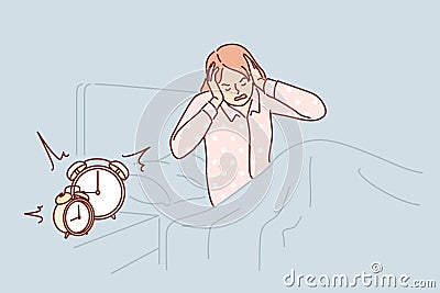 Woman wakes up with difficulty early in morning sitting in bed near bedside table with alarm clock Vector Illustration