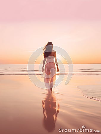 Woman Walking Along the Beach in Serenity Stock Photo