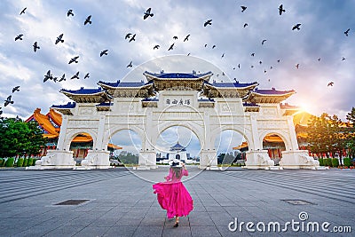 Woman walking at Archway of Chiang Kai Shek Memorial Hall in Taipei, Taiwan. Stock Photo