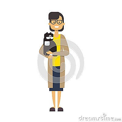 Woman walking with cat. full length lady with pets on white background cute housewife , happy family concept, flat Vector Illustration