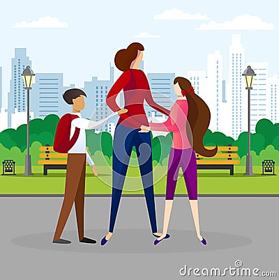 Woman Walking with Children in Public City Park. Vector Illustration