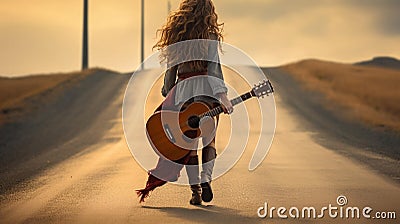 Woman walking on a dirt road with guitar Stock Photo