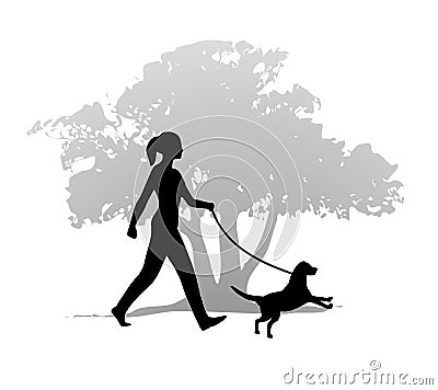 Woman Walking The Dog Cartoon Illustration