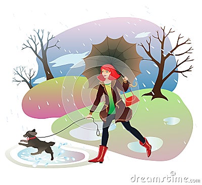 Woman walking a dog in the autumn park Vector Illustration