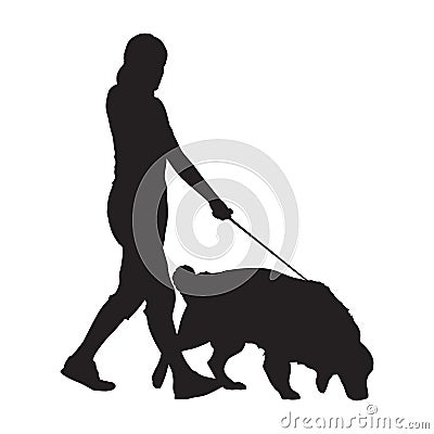 Woman walking with dog, isolated vector silhouette Vector Illustration