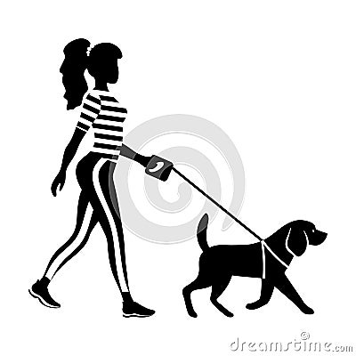 Woman walking with a dog silhouette Vector Illustration