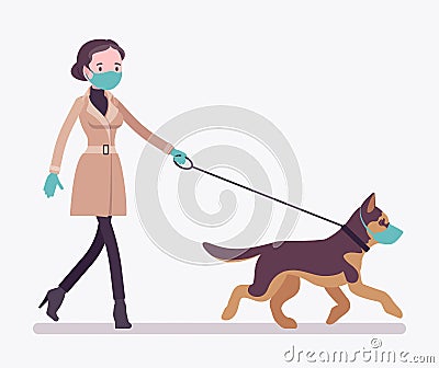 Woman walking with dog under quarantine, both wearing mask, gloves Vector Illustration