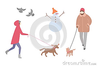 Woman Walking Dog Winter Season Activity Outdoors Vector Illustration