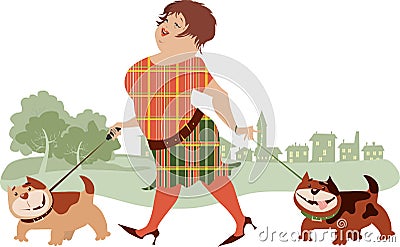 Woman Walking Dogs Vector Illustration